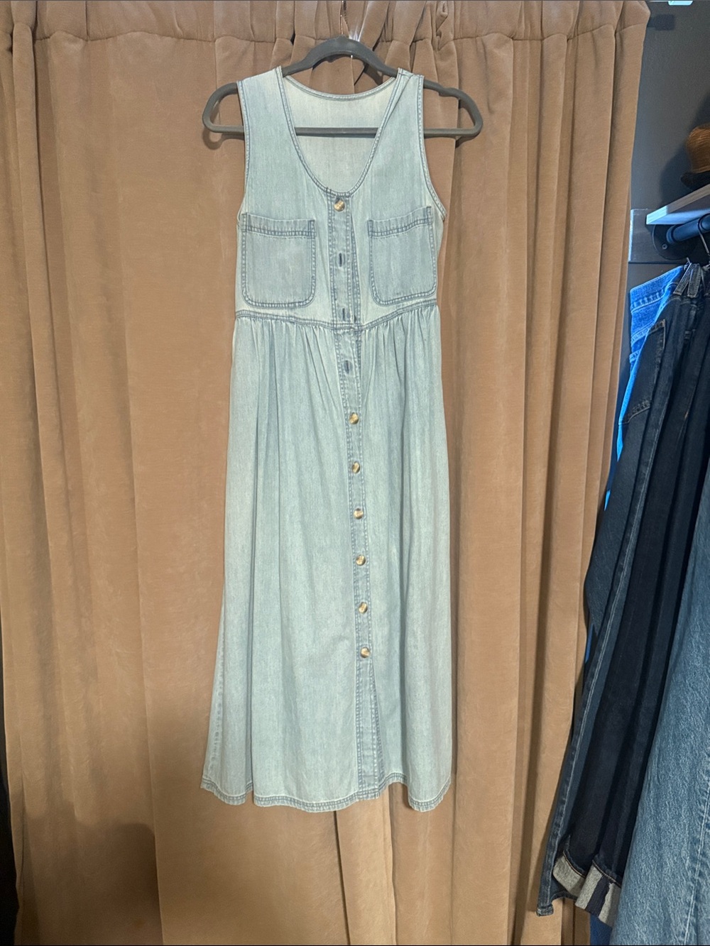 Vintage Light Blue Denim Button-Front Maxi Dress